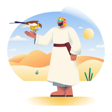 A falconer with a tanned complexion is standing in the golden sands of the desert. He is wearing a light, loose-fitting white tunic and a dark brown leather belt. The falconer is holding a glove on his left hand, where a majestic golden falcon is perched. The falcon has sharp eyes and distinctive brown and white feathers. With his right hand, the falconer is extending his arm to release the falcon into the clear blue sky. In the background, there are rolling sand dunes and a few scattered desert plants, creating an open and vast landscape. The sun is high in the sky, casting shadows on the ground.