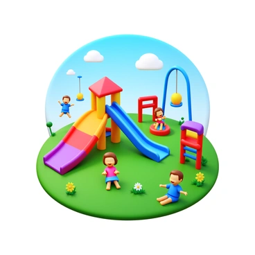 A playground viewed from a child's perspective. The swings appear tall and inviting, their ropes stretching high above. The slides are massive and colorful, curving downwards with vibrant patterns. Brightly colored play structures dot the landscape, surrounded by soft grass. Children are playing nearby, some laughing, others climbing. The sky is clear and blue, adding to the cheerful atmosphere.