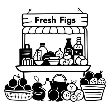 A vintage market stall filled with fresh figs, their unique shapes and textures prominently displayed. Surrounding the figs are various other fruits, including apples and pears, creating a vibrant assortment. The stall is adorned with an array of vintage goods, such as old books, ceramic dishes, and colorful glass bottles. A wooden sign hangs above with the words "Fresh Figs" clearly visible. Baskets filled with fruits are placed strategically, inviting customers to browse and explore the diverse offerings. The overall scene conveys a lively market atmosphere.