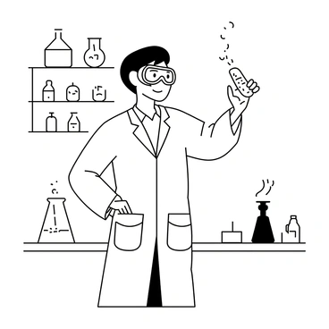 A scientist wearing a lab coat and safety goggles is standing in a laboratory. They are holding up a test tube filled with a bubbling liquid. The test tube is positioned in their right hand, and the scientist's left hand is raised, pointing at the test tube. The laboratory is equipped with various scientific instruments and shelves filled with glassware. The scientist has short, neatly combed hair and an expression of curiosity. A table nearby holds a Bunsen burner and other lab apparatus.