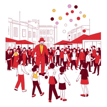 A red juggler is performing in the center of a busy square, surrounded by a crowd. The juggler is catching the attention of children with vibrant, multicolored balls soaring through the air. Children are standing close by, their faces lit up with excitement as they watch the juggler skillfully toss and catch the balls. The square is bustling with various people, some stopping to watch while others walk past, creating a lively atmosphere. The juggler wears a bright costume that enhances the festive mood of the scene.