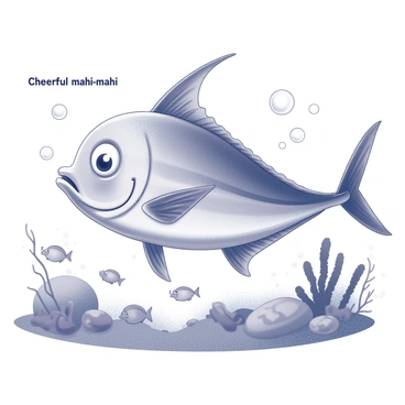 A mahi-mahi fish with a vibrant, smiling face. The fish is depicted with an exaggerated, friendly expression, showcasing large, expressive eyes and a wide grin. It has a sleek, elongated body, with a distinct dorsal fin and a long, forked tail. The character is swimming through an underwater scene filled with coral reefs and various small fish that accompany it. Bubbles are rising around the mahi-mahi, adding a sense of movement to the illustration. "Cheerful mahi-mahi" is written in a playful font at the top of the image.