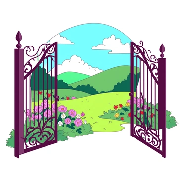 An ornate gate opening to reveal a vibrant, lush landscape
