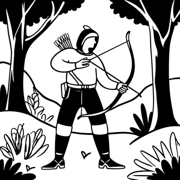 A detailed portrait of "Robin Hood" holding a bow in one hand, wearing a hooded cloak and a quiver filled with arrows on his back. He stands confidently amidst tall trees in a forest, with detailed bark textures and leaves surrounding him. Light filters through the branches, creating a dappled effect on the ground. In the background, there are hints of distant hills and rustic foliage.