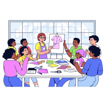 A fashion teacher with short brown hair, wearing glasses and a colorful apron, is standing in front of a large table filled with various fabric swatches and sewing tools. She is demonstrating a clothing pattern on a whiteboard while several students gather around, taking notes and sketching ideas in their notebooks. The students, a diverse group of young adults, are focused and engaged, with expressions of concentration. Scissors, measuring tape, and colorful markers are scattered across the table. The workshop space has large windows allowing natural light to illuminate the area.