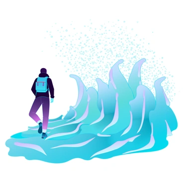 A solitary traveler with a backpack is walking through a surreal landscape where large, undulating waves of water are gradually transforming into shimmering particles. The waves have an iridescent quality, with hues of blue, green, and silver flowing through them. As the waves crash, they break apart into countless tiny particles that float upwards through the air, creating a mesmerizing display. The traveler is depicted in a dynamic pose, with one foot lifted as if stepping forward, while the other leg remains firmly planted. The scene captures the moment of transformation, with particles catching the light and creating a magical atmosphere.