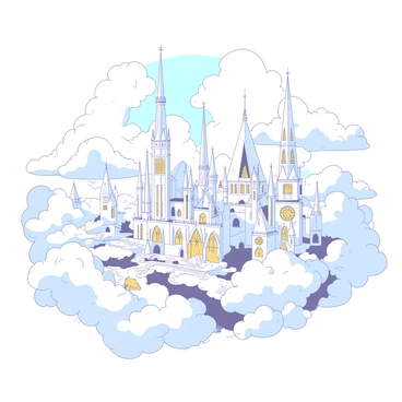 A white celestial city with tall, gleaming spires extending into the sky, surrounded by fluffy, billowing clouds. The city has intricate architectures with golden accents glinting under a bright sun. Soft rays of light filter through the clouds, illuminating the city’s pathways and gardens. The clouds are fluffy and abundant, creating a heavenly atmosphere around the city.