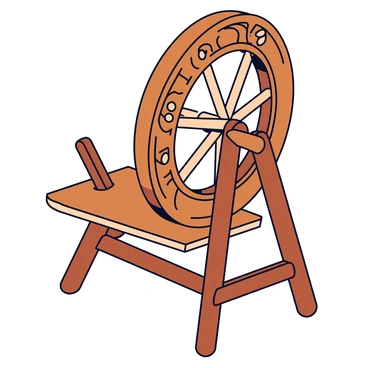 A close-up of a spinning wheel made of polished wood. The wheel features intricate carvings depicting floral patterns along its frame. Detailed mechanisms are visible, including a wooden spindle and a tension adjusting knob. The wood has a warm tone, with smooth surfaces highlighting the craftsmanship. The background is softly blurred to emphasize the spinning wheel's details.