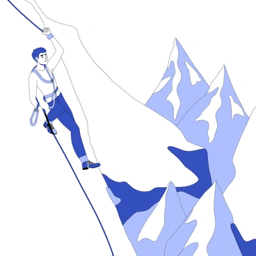 A climber is dangling from a sheer cliff face, gripping onto a rock with one hand. The climber is wearing a harness and climbing shoes, with ropes secured around their waist and a carabiner attached to the harness. Below, the sheer drop reveals a rocky terrain. In the background, there are snow-capped peaks towering against the sky, their sharp edges contrasting with the rugged cliff. The climber's focused expression shows determination as they navigate the challenging ascent.
