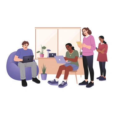 A digital flat illustration depicting a relaxed office environment with professionals engaging in casual activities. On the left, a man with light skin and curly brown hair is wearing a blue t-shirt and gray jeans, sitting on a bean bag chair while typing on a laptop. Next to him, a woman with dark skin and long hair tied in a ponytail is wearing a green blouse and denim shorts, laughing as she talks to a colleague. In the background, a woman with medium skin and short hair is wearing a red sweater and black leggings, standing at a desk, reviewing documents. A large window lets in sunlight, and there are potted plants scattered around the room. The atmosphere conveys a sense of comfort and camaraderie.