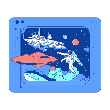 A blue illustration board features a vibrant futuristic scene of space exploration. In the foreground, two astronauts in sleek space suits are communicating with each other while floating in zero gravity. Behind them, a large orange spaceship is docked next to a space station, which is adorned with various antennas and solar panels. In the background, distant planets and asteroids are visible, creating a dynamic cosmic landscape. Stars twinkle in the deep expanse of space, adding depth to the scene.