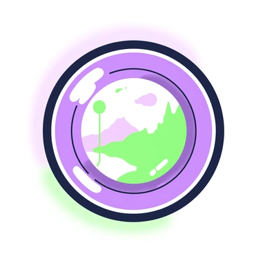A camera lens is positioned at the forefront of the image, prominently showcasing its glass surface. The lens is reflecting and refracting light from a distant scene. The background features blurred silhouettes of trees and mountains, subtly visible through the lens. The light appears to create dynamic patterns and shapes, integrating green and purple highlights that intersect within the lens's curvature. A soft glow surrounds the lens, emphasizing its role in capturing the vivid details of the scene.