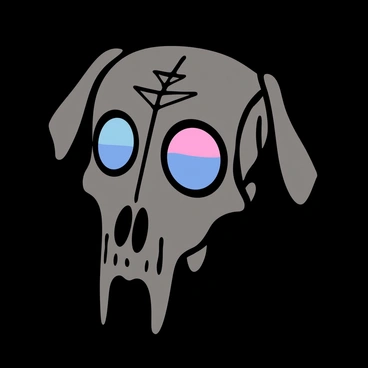 A dog skull with a smooth, polished surface, featuring sleek, futuristic elements integrated into its design. The skull is adorned with bright neon accents, highlighting the contours and features of the bone structure. The eye sockets are illuminated with vibrant blue and pink lights, creating a striking contrast against the bone color. Intricate geometric patterns are etched into the skull, adding a modern touch to the ancient shape. The background is dark to emphasize the glowing neon details of the skull.