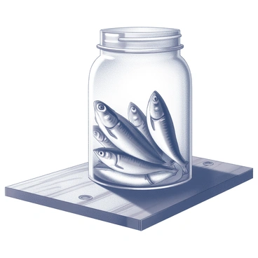 A vintage glass jar sits prominently on an antique wooden table. The jar is filled with preserved sardines arranged neatly inside, showcasing their distinct shapes and textures. The wooden table features visible grains and knots, enhancing its rustic character. Soft shadows are cast by the jar, adding depth to the scene. The overall composition highlights the contrast between the clear glass of the jar and the warm tones of the wooden table.
