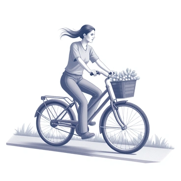 A person is riding a bicycle along a path. The bicycle features a sturdy front basket filled with freshly picked "birnen." The rider is wearing casual clothing, with the wind gently blowing through their hair. The bicycle has a classic design, with a shiny frame and two wheels. The background includes hints of greenery, creating a natural atmosphere around the scene.