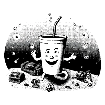 A cartoon character resembling a cup with arms and legs is swimming underwater. The character has a straw protruding from the top and is smiling joyfully. Surrounding the character are several small, playful fish of various shapes, darting around in a lively manner. In the background, there are treasure chests scattered across the ocean floor, some slightly open with gold coins spilling out. Bubbles rise from the character's movements, creating a lively underwater scene.