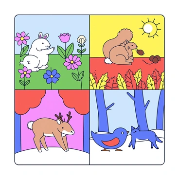 An illustration divided into four distinct sections, each representing a different season. In the spring section, there are blooming flowers and a rabbit foraging for fresh greens. The summer section shows a squirrel gathering acorns under a bright sun. The autumn section features a deer browsing among falling leaves, with warm, reddish tones in the background. Finally, in the winter section, a bird searches for seeds among the bare branches of trees, with a snowy ground in the foreground. Each section is vividly colored to reflect the characteristics of the respective season.