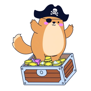 A loutre dressed as a pirate is standing confidently on a wooden treasure chest. The loutre is wearing a black pirate hat with a skull emblem on the front. An eyepatch covers one eye, adding to its adventurous look. The treasure chest is adorned with gold coins and sparkling jewels spilling out from the slightly open lid. The setting is simple, focusing on the loutre's playful pose and the treasure chest.