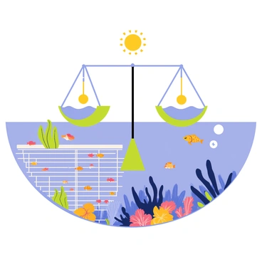 A split illustration showing the balance between aquaculture and ocean health. On one side, there is a vibrant aquaculture scene with a large fish farm featuring rectangular nets filled with various colorful fish swimming in clear water. Surrounding the fish farm are green aquatic plants and aquaculture equipment. On the other side, there is a healthy ocean environment showcasing a coral reef teeming with diverse marine life like tropical fish, sea turtles, and starfish. Above the water, a bright sun shines down, casting reflections on the water's surface. At the center, a large scale balances both sides, symbolizing the equilibrium between aquaculture and ocean health.