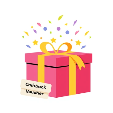 A gift box with bright red wrapping and a shiny gold ribbon is bursting open at the top. Colorful confetti in various shapes, including stars and circles, is flying out in a dynamic spread. Several cashback vouchers, prominently displaying the text “Cashback” in bold letters, are spilling out along with the confetti. The scene captures the excitement of a surprise gift, with the box positioned at the center and the vibrant colors of the confetti contrasting against the rich red wrapping.