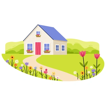 A quaint farmhouse with a sloping roof and white wooden siding sits in the center of the scene. The farmhouse features a bright red door and several windows with flower boxes filled with colorful blooms. Surrounding the farmhouse, fields of bright green grass stretch out towards the horizon. Vibrant gardens filled with a variety of blooming flowers, such as sunflowers, daisies, and tulips, surround the farmhouse, adding splashes of color. A dirt path leads from the farmhouse through the gardens, creating a warm and inviting atmosphere.