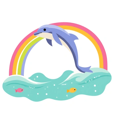 A dolphin with a glossy blue and gray skin is gracefully leaping through a series of vibrant, circular loops created by rainbows. The magical sea below is a deep turquoise, dotted with shimmering sparkles. Gentle waves are rolling, reflecting the brilliant colors of the rainbows above. Small, playful fish are swimming nearby, adding to the lively atmosphere of the scene. The sky is bright and sunny, enhancing the cheerful feel of the image.