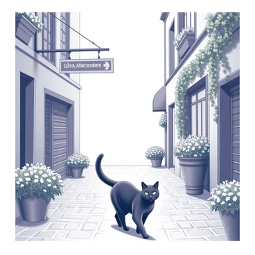 A black cat walking through a narrow Parisian alley. The cat has sleek fur and bright eyes, observing its surroundings. The alley is lined with cobblestone paving and features hanging street signs that provide directional information. Flower pots are placed along the edges, filled with various plants and blooms that add a touch of nature to the urban setting. The walls of the buildings on either side are adorned with climbing vines and window boxes, enhancing the quaint atmosphere of the scene.