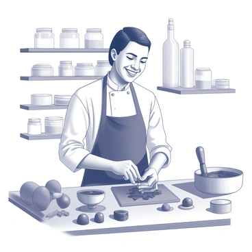 A chef standing at a kitchen countertop, wearing a white chef's coat and a black apron. The chef is smiling while using both hands to mold bonbons. The countertop is cluttered with various kitchen tools and ingredients. There are molds, a rolling pin, and a bowl filled with chocolate. The scene captures the chef's focused expression as they carefully shape the bonbons. Behind the chef, there are shelves filled with jars and containers of baking supplies, adding to the kitchen atmosphere.