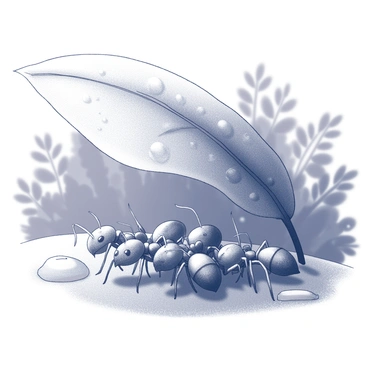 A group of ants is huddled closely together beneath a large leaf. The leaf is broad and provides ample shelter from the rain, with droplets accumulating on its surface. The ants, varying in size, are positioned tightly to conserve warmth and protect themselves from the elements. The ground around them is damp, with small puddles forming from the falling rain, while the background is filled with blurred greenery, indicating a lush environment.