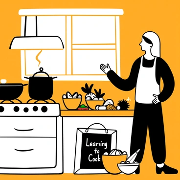 A Muslim girl wearing a long dress and a headscarf stands beside her grandmother, who is older and wears a traditional apron. They are both engaged in cooking traditional dishes on a wooden countertop in a warm, inviting kitchen. Various ingredients such as spices, vegetables, and herbs are spread out on the counter. A large pot simmers on the stove, and there are colorful bowls filled with prepared ingredients arranged nearby. The kitchen is filled with warm light coming from a window, illuminating the scene and creating a cozy atmosphere. "Learning to Cook" is written on a small chalkboard placed on the countertop.