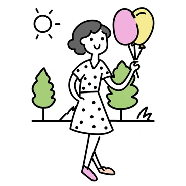 A pinup girl with wavy hair is standing in a park, holding a bunch of colorful balloons in her right hand. She is wearing a playful dress with a polka dot pattern, which flows gently around her knees. The sun is shining brightly, illuminating her cheerful expression. In the background, there are green trees and a grassy area, contributing to a lively outdoor atmosphere.