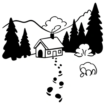 A snow-covered cabin is situated in a dense forest, surrounded by tall pine trees. The cabin has a slanted roof and smoke rising from a chimney. Unexplained footprints trail away from the cabin, disappearing into the thick blanket of snow. The footprints are deep and scattered, leading towards a dark part of the woods where the trees are closely packed. Nearby, there are patches of untouched snow, creating a stark contrast with the disturbed path of the footprints. A faint outline of distant mountains can be seen beyond the trees.