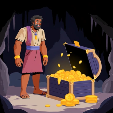 Gabbar is standing in a dimly lit cave, with rocky walls and a dusty floor. He has an expression of surprise on his face as he looks at a large, ornate treasure chest. The chest is made of dark wood, adorned with gold hinges and intricate carvings. Some gold coins and glittering jewels are spilling out of the open chest, catching the faint light. Gabbar is wearing rugged clothing, and his hair is styled in his iconic fashion. The cave is filled with shadows, and there are stalactites hanging from the ceiling, enhancing the mysterious atmosphere.
