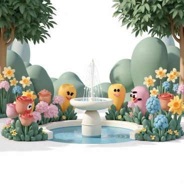 A lush garden filled with an array of colorful flowers, including vibrant red roses, bright yellow daffodils, and delicate bluebells. The plants have faces and mouths, animatedly expressing emotions as they engage in conversation with one another. In the center of the garden, there is a sparkling fountain, made of intricately carved stone, with water cascading gracefully into a clear pool below. Sunlight filters through the leaves of tall trees, casting dappled shadows on the ground. The atmosphere is vibrant and alive with the sounds of rustling leaves and gentle water splashes.