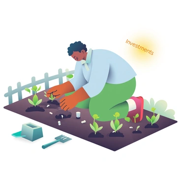 A gardener with dark skin and short curly hair is kneeling in a garden bed labeled "Investments." She is wearing a light blue shirt and brown gardening gloves while planting small seeds in rich, dark soil. Surrounding her are several sprouting plants, each with vibrant green leaves, symbolizing growth. The garden is bordered by a wooden fence, and small garden tools, like a trowel and watering can, are placed nearby. The sun is shining brightly, casting soft shadows on the ground.