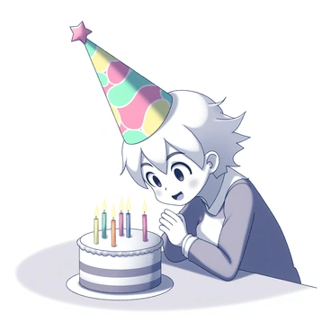 A character with spiky white hair is wearing a prominently tall, colorful party hat. The hat features a mix of patterns and bright colors. The character is leaning over a birthday cake that sits on a table. The cake has several lit candles on top, and the character is holding their breath, preparing to blow out the candles. The scene captures a festive atmosphere, with a focus on the character's expression, showcasing excitement and joy during the celebration.