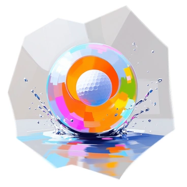 A golf ball with a shiny white surface is depicted bursting through a colorful water balloon filled with water. The water balloon is stretched to its limit, displaying vibrant shades of blue, yellow, and red. As the golf ball makes contact, droplets of water are splashing outward in all directions, creating a dynamic sense of motion. The balloon is partially deflated around the golf ball, and the scene captures the moment of impact with water droplets glistening in the light.