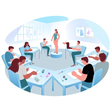 A classroom filled with students sitting at drawing tables, each focused on their sketchbooks. In the center, a live model is posed on a small platform, showcasing an elegant stance. The tutor, standing beside the model, is gesturing enthusiastically, encouraging the students. Various art supplies, such as pencils, charcoal, and erasers, are scattered on the tables. Sunlight filters through large windows, casting soft shadows across the room, enhancing the creative atmosphere. On the walls, completed student artworks are displayed, showcasing a range of styles and techniques.