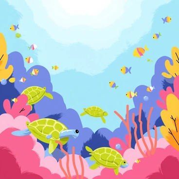 An underwater scene featuring a vibrant coral reef teeming with life. The coral is made up of various shapes and colors, including pinks, oranges, and purples, creating a rich tapestry. Schools of small, colorful fish swim among the corals, showcasing bright yellows, blues, and reds. A couple of sea turtles gracefully glide through the water, their shells displaying intricate patterns. Sunlight filters down from the surface, illuminating the scene and enhancing the colors of the marine life.