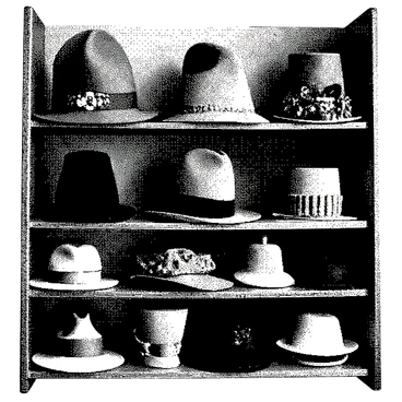 A shelf is filled with an assortment of vintage hats and caps from different eras. The hats include a classic fedora with a wide brim, a straw boater with a flat top, and a woolen cloche adorned with a decorative band. There are also several caps, such as a newsboy cap with a round, flat crown and a leather driving cap with a snug fit. Each hat exhibits intricate details like stitching, textures, and embellishments that reflect their unique designs. The shelf itself is made of dark wood, contrasting against the various shapes and styles of the hats displayed.