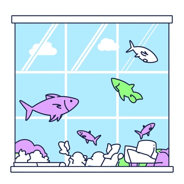 A scene depicting fish swimming in a clear blue sky, viewed through a glass ceiling. The glass ceiling has a grid pattern, where sunlight filters through, casting soft shadows on the floor below. The fish, in various sizes and shapes, are gliding gracefully as if they are part of an aerial ballet. Some fish have flowing fins that trail behind them, while others have sleek bodies that shimmer in the light. The blue sky is free of clouds, creating a tranquil backdrop for this unusual sight. The surrounding area beneath the glass ceiling features minimalist furniture, adding to the simplicity of the scene.