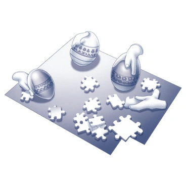 A jigsaw puzzle with pieces shaped like Easter eggs being assembled