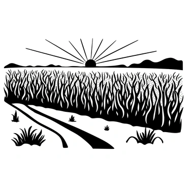 A vast expanse of "cornfields" extending towards the horizon, filled with tall stalks that sway gently in the breeze. The scene captures the "sunrise," with rays of light illuminating the landscape from the horizon, casting long shadows across the fields. A few scattered "dirt paths" wind through the rows of corn, leading off into the distance. In the foreground, there are patches of "green leaves" and "golden husks," adding texture to the scene as the early morning light transforms the surroundings.