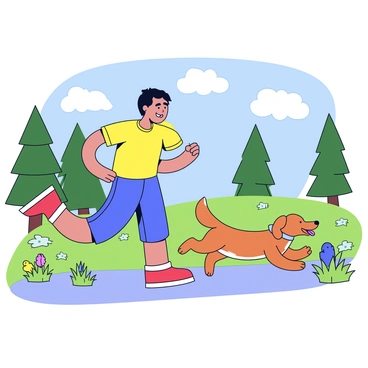 A person wearing a bright yellow t-shirt and blue shorts is sprinting along a scenic trail. Their dog, a medium-sized golden retriever, is running beside them with its tongue out, showing excitement. The trail is bordered by lush green grass and colorful wildflowers. In the background, there are tall trees and a clear blue sky with a few fluffy white clouds.