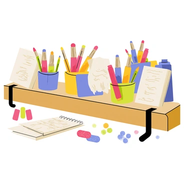 A wooden shelf overflowing with various art supplies. There are multiple containers filled with colorful tubes of paint in vibrant hues like red, blue, and yellow. Paintbrushes of different sizes are standing upright in a small jar, their bristles stained with various colors. Several sketchpads, stacked unevenly, display crumpled pages and half-finished drawings. Scattered around the shelf are glittery markers and a few jars of beads, adding a playful touch to the chaotic arrangement.
