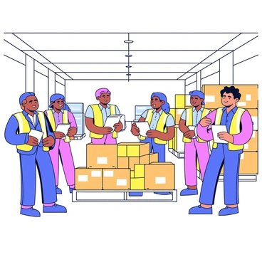 A group of inspectors in a large wholesale warehouse are examining various goods for quality control. The inspectors are wearing plain uniforms and safety vests. They are standing around a wooden pallet filled with boxes, inspecting the contents diligently. Some inspectors hold clipboards, while others carefully check the labels on the boxes. The warehouse has high ceilings with bright overhead lights illuminating the space. Stacks of boxes are neatly arranged in the background, showcasing a variety of products.