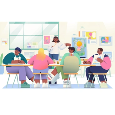 A group of five students is sitting at long, wooden tables in a spacious classroom at an art school in Philadelphia. Each student has a sketchbook open in front of them, filled with drawings in various stages of completion. The students include a young man with curly black hair sketching with a charcoal pencil, a woman with straight blonde hair using vibrant colored pencils, another woman with short brown hair painting with watercolors, and a man with glasses focused on his digital tablet. Sunlight streams through large windows, illuminating the room and creating a warm atmosphere. On the walls are pinned-up artworks and reference images, showcasing various styles and techniques. A teacher stands at the front, providing guidance while pointing to a large easel displaying a completed illustration.