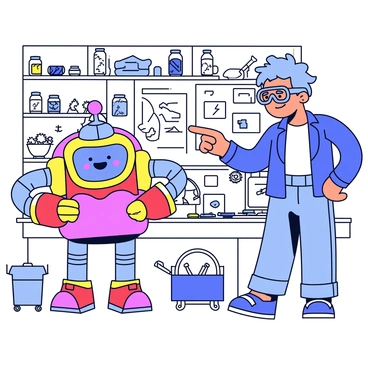 A quirky inventor with wild hair wearing goggles is standing proudly next to a colorful robot. The robot has a shiny metallic body with bright blue, red, and yellow paint, featuring large expressive eyes and an oversized smile. The workshop is cluttered with various tools, gears, and blueprints scattered around. There are shelves filled with jars of nuts and bolts, and a workbench covered with scraps of metal and wires. The inventor is pointing at the robot, demonstrating its features.
