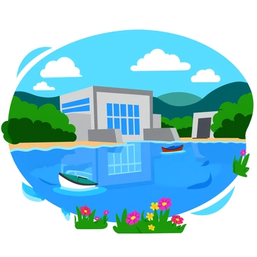 An exterior view of a hydropower station with a sleek, modern design. The building features large glass windows and metallic accents, surrounded by lush green trees. A calm blue lake reflects the structure, with gentle waves lapping at the shore. In the foreground, there are colorful wildflowers blooming along the water's edge. A bright blue sky with fluffy white clouds provides a vibrant backdrop. Floating on the lake are a few small boats, adding a touch of life to the serene setting.