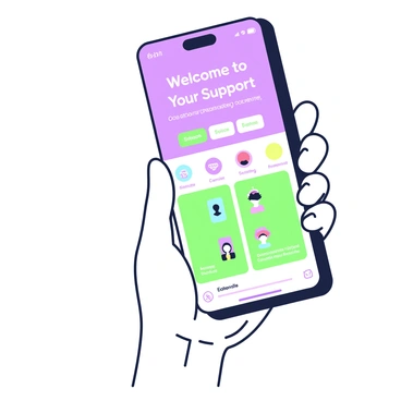 A smartphone is held in a hand, displaying an online counseling app on its screen. The app features a user-friendly interface with large, easy-to-read buttons and bright icons. On the screen, there is a welcoming message saying "Welcome to Your Support". Below the message, there are sections for selecting different counseling topics, each represented by distinct icons. The background of the smartphone is a neutral color, highlighting the app's colorful interface. The hand holding the smartphone is slightly in focus, with a blurred background to draw attention to the device.